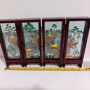 Chinese Handmade Corkwood  Folding Table Screen Diorama Crane Landscape Scene